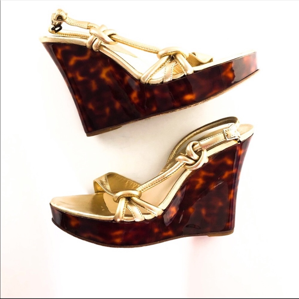 DIOR Gold Leather Tortoise Platform Wedge Sandals size 38 (eu)